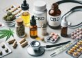 CBD und Sucht 2024 19 Ein Foto, das die Anwendung und Dosierung von CBD bei der Suchtbehandlung darstellt. Es zeigt verschiedene Formen von CBD wie Öle, Kapseln und Edibles, die ordentlich angeordnet sind. Ein Mess-Tropfer zur Dosierungsanzeige und ein Stethoskop zur Betonung der medizinischen Beratung sind ebenfalls zu sehen. Das Setting ist sauber und minimalistisch, mit einem neutralen Hintergrund, um den Fokus auf die Gegenstände zu lenken.