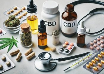 Ein Foto, das die Anwendung und Dosierung von CBD bei der Suchtbehandlung darstellt. Es zeigt verschiedene Formen von CBD wie Öle, Kapseln und Edibles, die ordentlich angeordnet sind. Ein Mess-Tropfer zur Dosierungsanzeige und ein Stethoskop zur Betonung der medizinischen Beratung sind ebenfalls zu sehen. Das Setting ist sauber und minimalistisch, mit einem neutralen Hintergrund, um den Fokus auf die Gegenstände zu lenken.