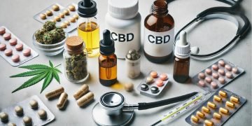CBD und Sucht 2024 25 Ein Foto, das die Anwendung und Dosierung von CBD bei der Suchtbehandlung darstellt. Es zeigt verschiedene Formen von CBD wie Öle, Kapseln und Edibles, die ordentlich angeordnet sind. Ein Mess-Tropfer zur Dosierungsanzeige und ein Stethoskop zur Betonung der medizinischen Beratung sind ebenfalls zu sehen. Das Setting ist sauber und minimalistisch, mit einem neutralen Hintergrund, um den Fokus auf die Gegenstände zu lenken.