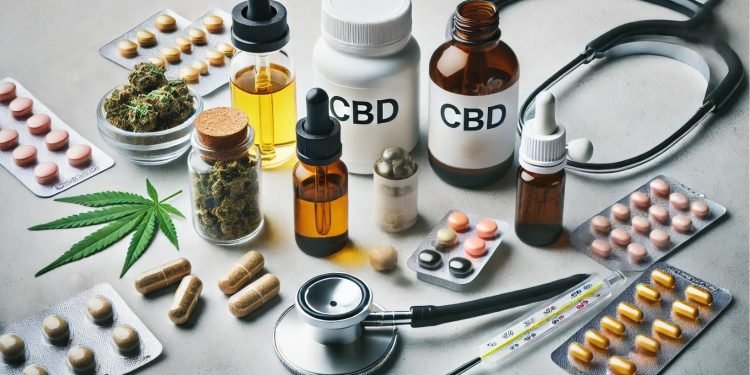 CBD und Sucht 2024 16 Ein Foto, das die Anwendung und Dosierung von CBD bei der Suchtbehandlung darstellt. Es zeigt verschiedene Formen von CBD wie Öle, Kapseln und Edibles, die ordentlich angeordnet sind. Ein Mess-Tropfer zur Dosierungsanzeige und ein Stethoskop zur Betonung der medizinischen Beratung sind ebenfalls zu sehen. Das Setting ist sauber und minimalistisch, mit einem neutralen Hintergrund, um den Fokus auf die Gegenstände zu lenken.