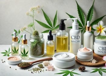 Faszinierend CBD Verschiedene CBD-Hautpflegeprodukte wie Öl, Cremes, Lotionen, Seren und Masken sind in einem sauberen, minimalistischen Setting arrangiert. Natürliche Elemente wie Blätter und Blumen sind ebenfalls zu sehen. Das Bild betont die Vorteile von CBD für die Hautgesundheit und Wellness.
