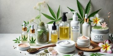 Faszinierend CBD und Schönheit 2024 23 Faszinierend CBD Verschiedene CBD-Hautpflegeprodukte wie Öl, Cremes, Lotionen, Seren und Masken sind in einem sauberen, minimalistischen Setting arrangiert. Natürliche Elemente wie Blätter und Blumen sind ebenfalls zu sehen. Das Bild betont die Vorteile von CBD für die Hautgesundheit und Wellness.