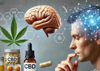 Ein Foto, das die Vorteile von CBD für geistige Klarheit und Fokussierung darstellt. Zu sehen sind CBD-Öl, Kapseln und Edibles, die ordentlich angeordnet sind. Eine entspannte Person in einer ruhigen Umgebung suggeriert Stressabbau und verbesserte Fokussierung. Visuelle Symbole wie ein Gehirn-Icon oder Neuronen repräsentieren kognitive Vorteile. Das Setting ist sauber und minimalistisch, mit einem neutralen Hintergrund, um den Fokus auf das Thema zu lenken. Kein Text ist im Bild.