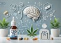 Ein Foto, das die Vorteile von CBD bei Angststörungen zeigt. Zu sehen sind CBD-Öl und Kapseln sowie Symbole für mentale Gesundheit, wie eine entspannte Person, ein Gehirn-Icon und Neurotransmitter. Die Umgebung ist ruhig und minimalistisch, und betont die beruhigenden und therapeutischen Effekte von CBD auf Stimmung und Angst.