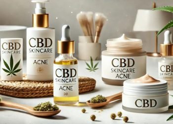 Ein Bild, das die Anwendung von CBD zur Behandlung von Akne darstellt. Zu sehen sind CBD-Hautpflegeprodukte wie Öle, Cremes und Seren in einem sauberen, minimalistischen Setting. Die visuelle Darstellung betont die Wirksamkeit von CBD gegen Akne, mit einem klaren, gesunden Hautbild und einer ruhigen, natürlichen Atmosphäre.