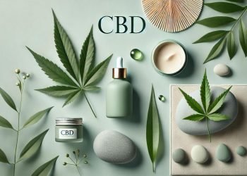 Ein minimalistisches und elegantes Bild, das die beruhigenden und entspannenden Effekte von CBD darstellt. Gezeigt werden natürliche Elemente wie grüne Blätter und glatte Steine, die eine ruhige und friedliche Atmosphäre schaffen. Das Bild vermittelt ein Gefühl von Ruhe und Wohlbefinden, ohne sichtbare Produkte, mit dem Wort 'CBD' subtil in die Umgebung integriert.