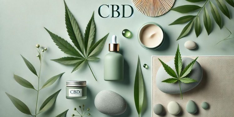 CBD und Hautpflege 2.0 16 Ein minimalistisches und elegantes Bild, das die beruhigenden und entspannenden Effekte von CBD darstellt. Gezeigt werden natürliche Elemente wie grüne Blätter und glatte Steine, die eine ruhige und friedliche Atmosphäre schaffen. Das Bild vermittelt ein Gefühl von Ruhe und Wohlbefinden, ohne sichtbare Produkte, mit dem Wort 'CBD' subtil in die Umgebung integriert.