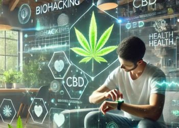 Person entspannt in einem modernen Wohnzimmer, trägt eine Smartwatch und verwendet CBD-Öl. Umgeben von Biohacking-Elementen wie einem Fitness-Tracker, einer Tasse Kräutertee und schwebenden Gesundheitsdaten. Minimalistische Möbel und futuristische Beleuchtung, mit grünen Pflanzen und natürlichem Licht, symbolisieren die Balance zwischen Technologie und Natur.“
