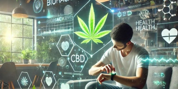 Biohacking und CBD 16 Person entspannt in einem modernen Wohnzimmer, trägt eine Smartwatch und verwendet CBD-Öl. Umgeben von Biohacking-Elementen wie einem Fitness-Tracker, einer Tasse Kräutertee und schwebenden Gesundheitsdaten. Minimalistische Möbel und futuristische Beleuchtung, mit grünen Pflanzen und natürlichem Licht, symbolisieren die Balance zwischen Technologie und Natur.“