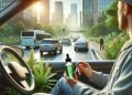 CBD und Autofahren 18 Person sitzt in einem geparkten Auto und hält ein CBD-Fläschchen, während im Hintergrund eine ruhige städtische Szene mit modernen Gebäuden, leichtem Verkehr und Bäumen zu sehen ist. Die Atmosphäre ist entspannt und vermittelt Sicherheit und Achtsamkeit im Straßenverkehr.