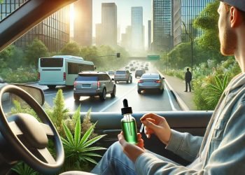 Person sitzt in einem geparkten Auto und hält ein CBD-Fläschchen, während im Hintergrund eine ruhige städtische Szene mit modernen Gebäuden, leichtem Verkehr und Bäumen zu sehen ist. Die Atmosphäre ist entspannt und vermittelt Sicherheit und Achtsamkeit im Straßenverkehr.