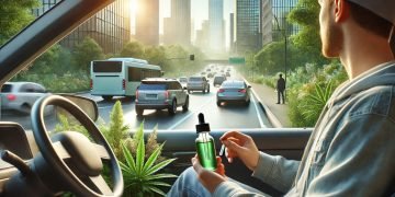 Person sitzt in einem geparkten Auto und hält ein CBD-Fläschchen, während im Hintergrund eine ruhige städtische Szene mit modernen Gebäuden, leichtem Verkehr und Bäumen zu sehen ist. Die Atmosphäre ist entspannt und vermittelt Sicherheit und Achtsamkeit im Straßenverkehr.