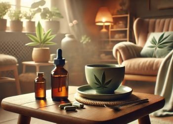 Minimalistische Szene mit einem kleinen CBD-Öl-Fläschchen, Kapseln und einer dampfenden Tasse Tee auf einem modernen Tisch. Der Hintergrund ist warm und einladend, mit natürlichen Akzenten wie Pflanzen und weichem Licht, die eine entspannte Atmosphäre schaffen und die beruhigende Wirkung von CBD betonen.