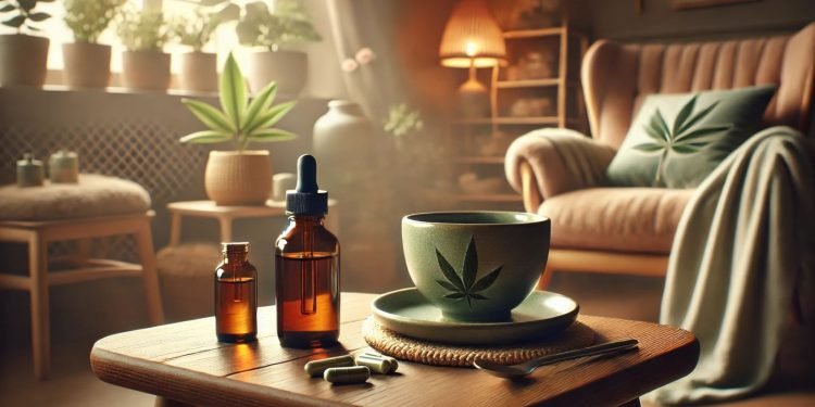 CBD und Nervosität 16 Minimalistische Szene mit einem kleinen CBD-Öl-Fläschchen, Kapseln und einer dampfenden Tasse Tee auf einem modernen Tisch. Der Hintergrund ist warm und einladend, mit natürlichen Akzenten wie Pflanzen und weichem Licht, die eine entspannte Atmosphäre schaffen und die beruhigende Wirkung von CBD betonen.