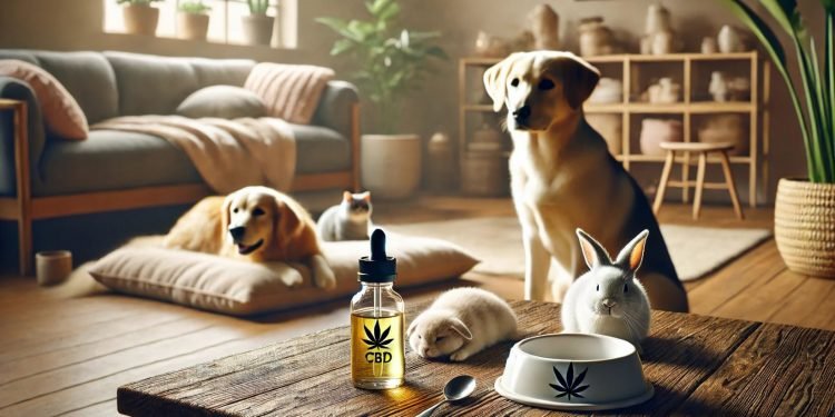 CBD und Tiere 16 Ein entspannter Hund, eine ruhige Katze und ein kleines Nagetier ruhen in einem gemütlichen, natürlich beleuchteten Wohnzimmer. Im Vordergrund steht ein kleines CBD-Öl-Fläschchen auf einem Holztisch neben einer Futterschale und einer weichen Decke. Die Szene vermittelt eine sichere und hochwertige Anwendung von CBD-Produkten für verschiedene Haustiere